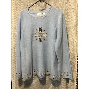 Villager Sport Embroidered Knit Sweater Blue Floral Accent Beads‎ Womens